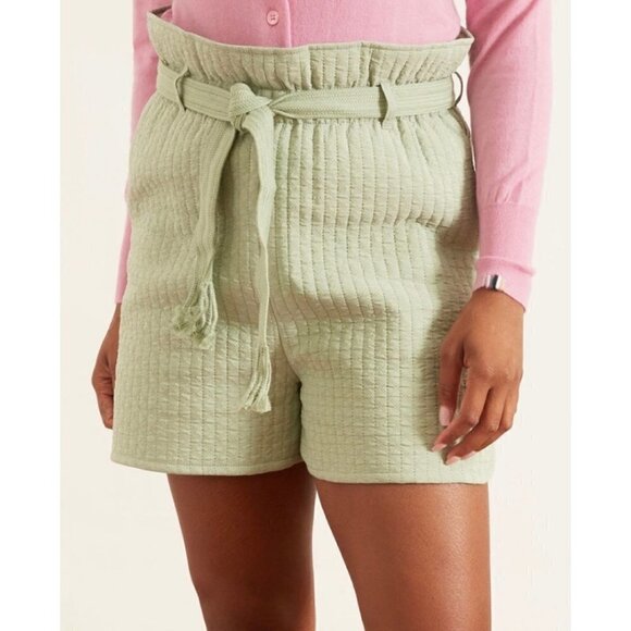 NEW Samsoe Quilted Ember High Rise Belted Paperbag Green Shorts NWOT Size Large - Picture 2 of 9